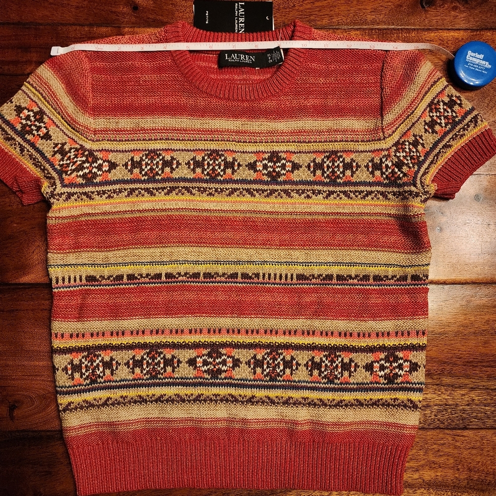 LAUREN RALPH LAUREN Red & Beige Fair Isle Cotton/Linen Blend Sweater Sz PS NWT - Picture 3 of 6